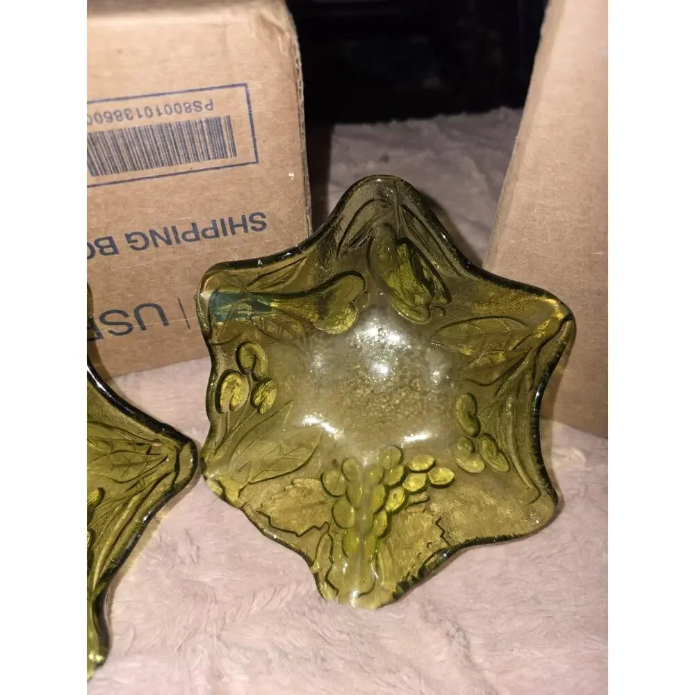 Rare Hazel Atlas Fruits Green Glass Bowls Set 5 Grapes Pears Vintage MCM USA
